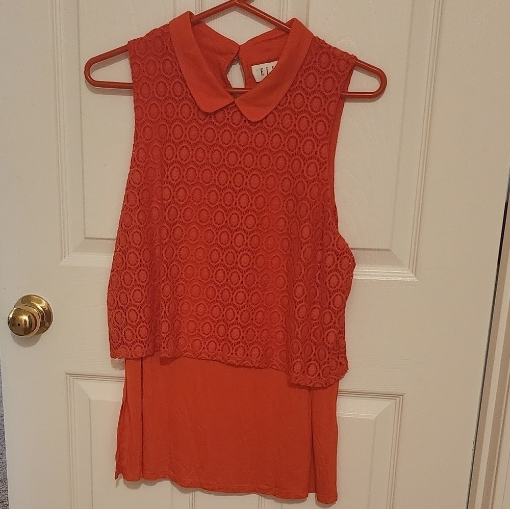 ELLE Orange Collared Lace Overlay Sleeveless Collared Blouse Size M